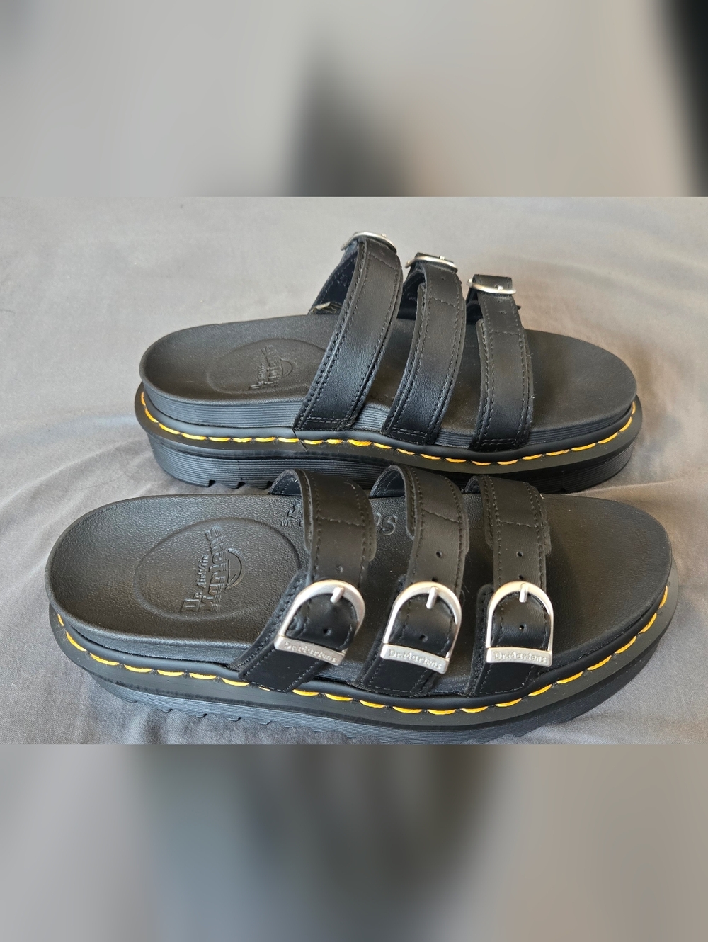 Dr. Martens Black Kids Triple-Buckle Slide Sandals with Yellow Stitching